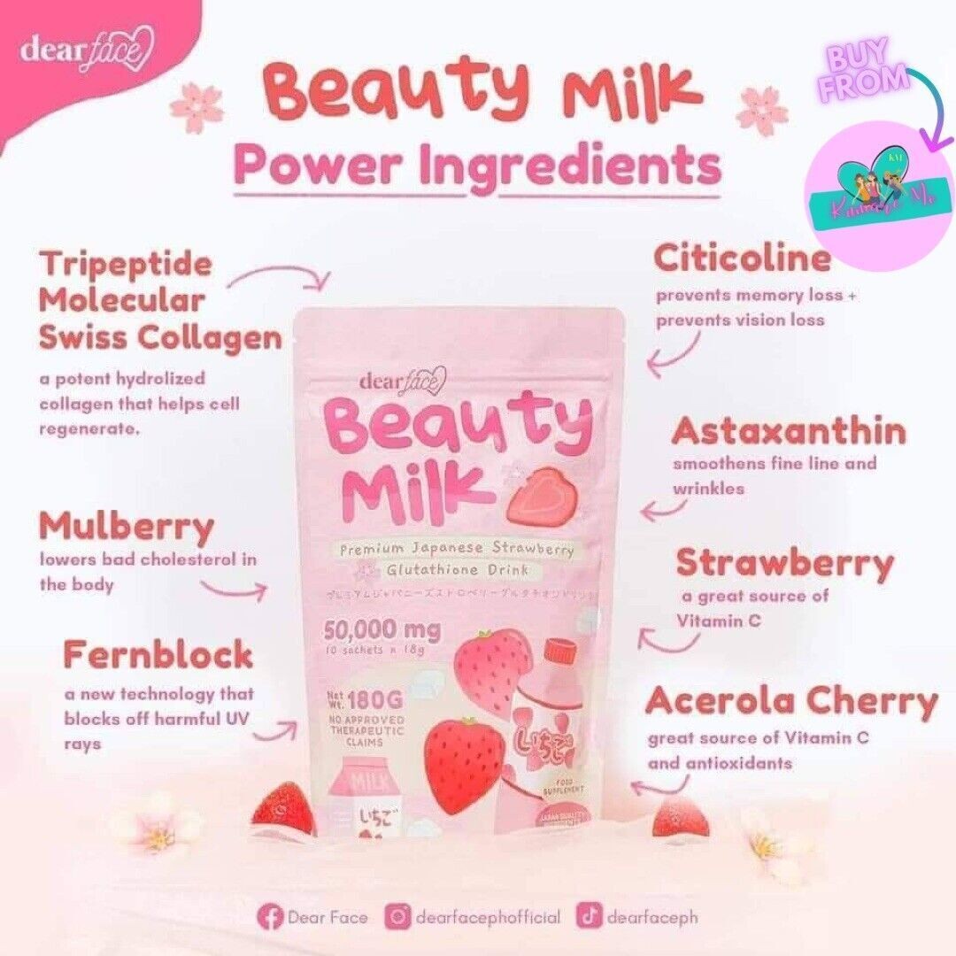 Dear Face Beauty Milk Japanese Collagen STRAWBERRY Drink, 10 Sachets X 18g