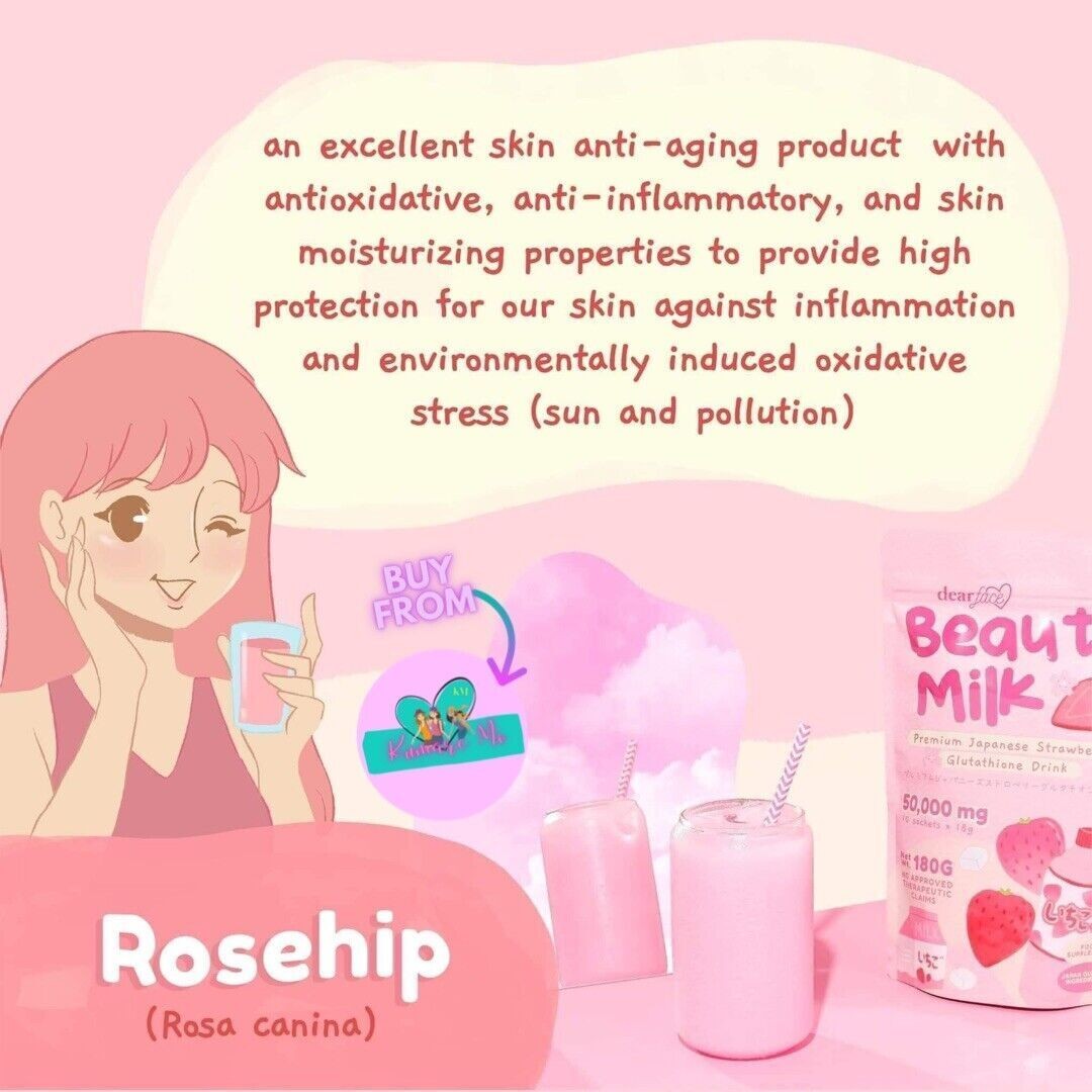 Dear Face Beauty Milk Japanese Collagen STRAWBERRY Drink, 10 Sachets X 18g